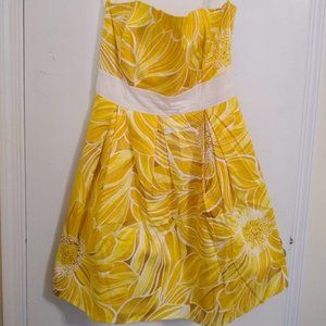 Yellow Floral Strapless Dress with Sash